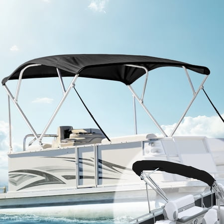 Bimini Top Cover 600D UV-Resistant Canvas, Tear & Fade Proof, Waterproof 4 Bow Boat Shade with Zippered Pockets, Pontoon Bimini Top with Frame Rustproof Square Poles, Black 4 Bow 8'L 54" H 85"-90" W