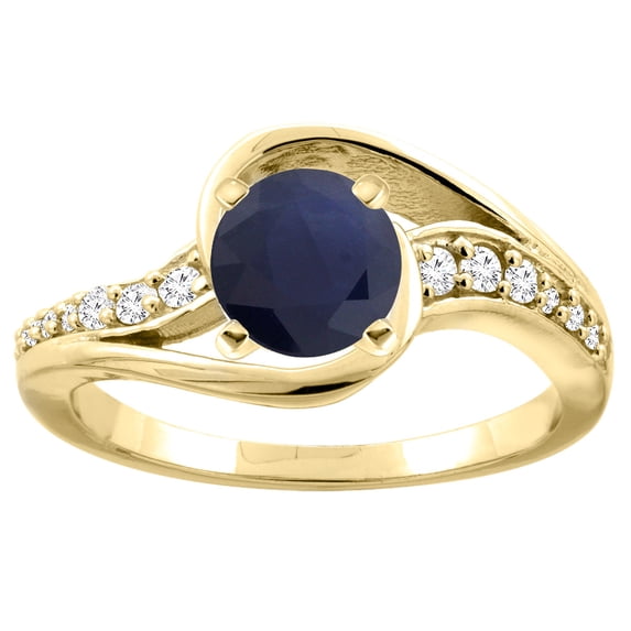 10K Yellow Gold Natural High Quality Blue Sapphire Bypass Ring Round 6mm Diamond Accent, size 5