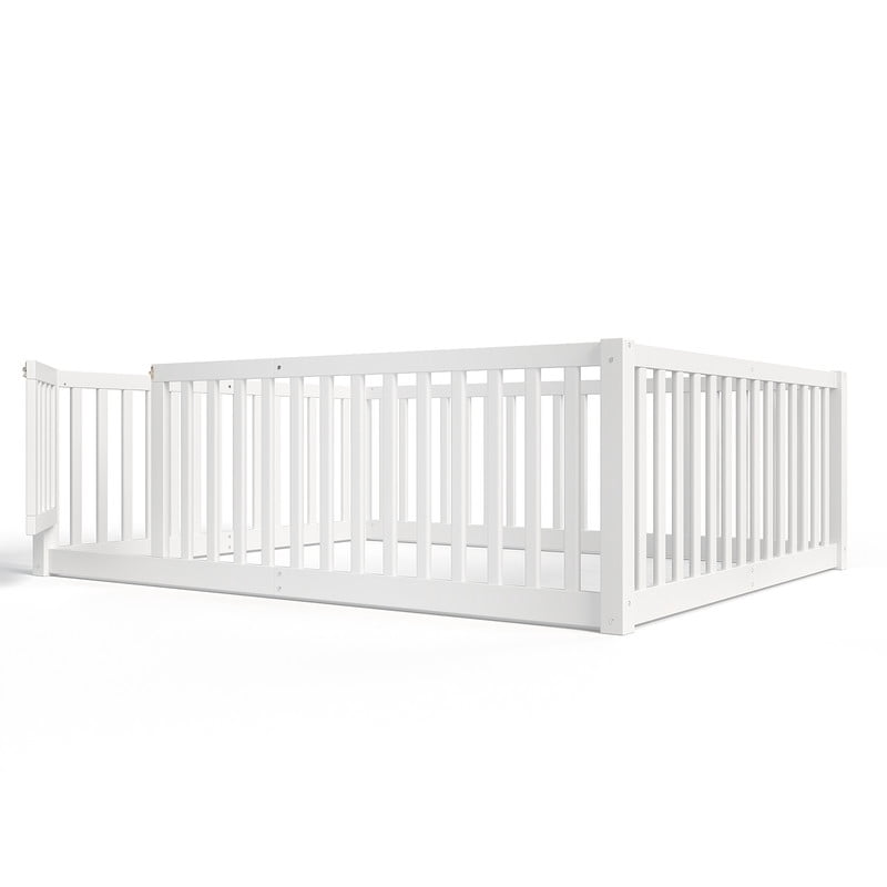 Bellemave Full Montessori Bed Frame, Wood Full Size Floor Bed with High Fence Rails, Full Beds Frame for Bedroom Playroom(White)