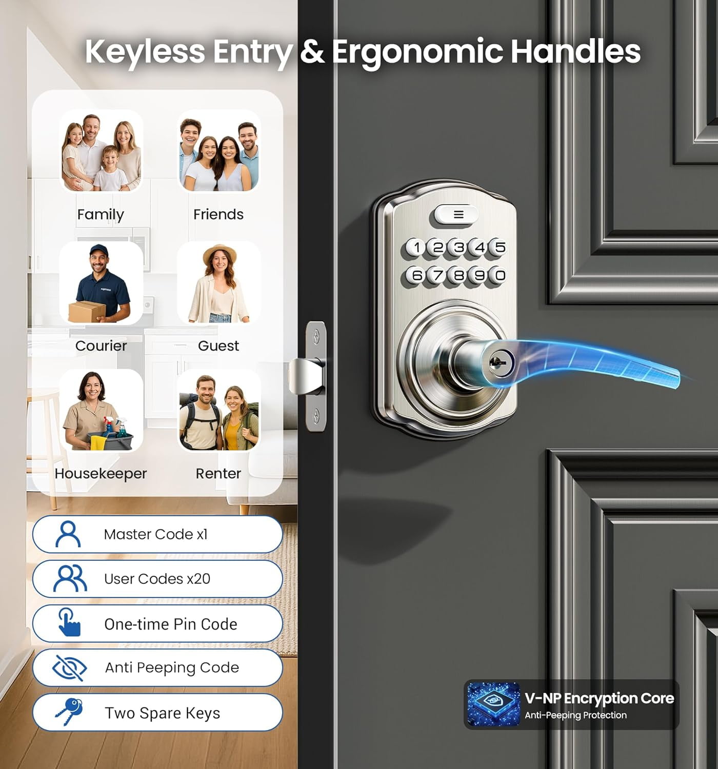 Veise Keypad Door Lock with Handle, Keyless Entry for Front Door & Bedroom, Electronic Lock with Code, Zinc Aluminum Metal Satin Nickel
