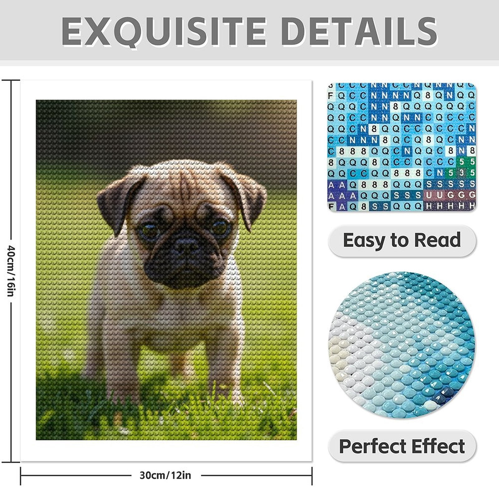 Diamond Art Kits for Adults - 5d Cute Pug Puppy In Green Grass Diamond Painting for Adults, Diamond Art for Adults Beginners, Diamond Painting Kits for Adults for Home Wall Decor