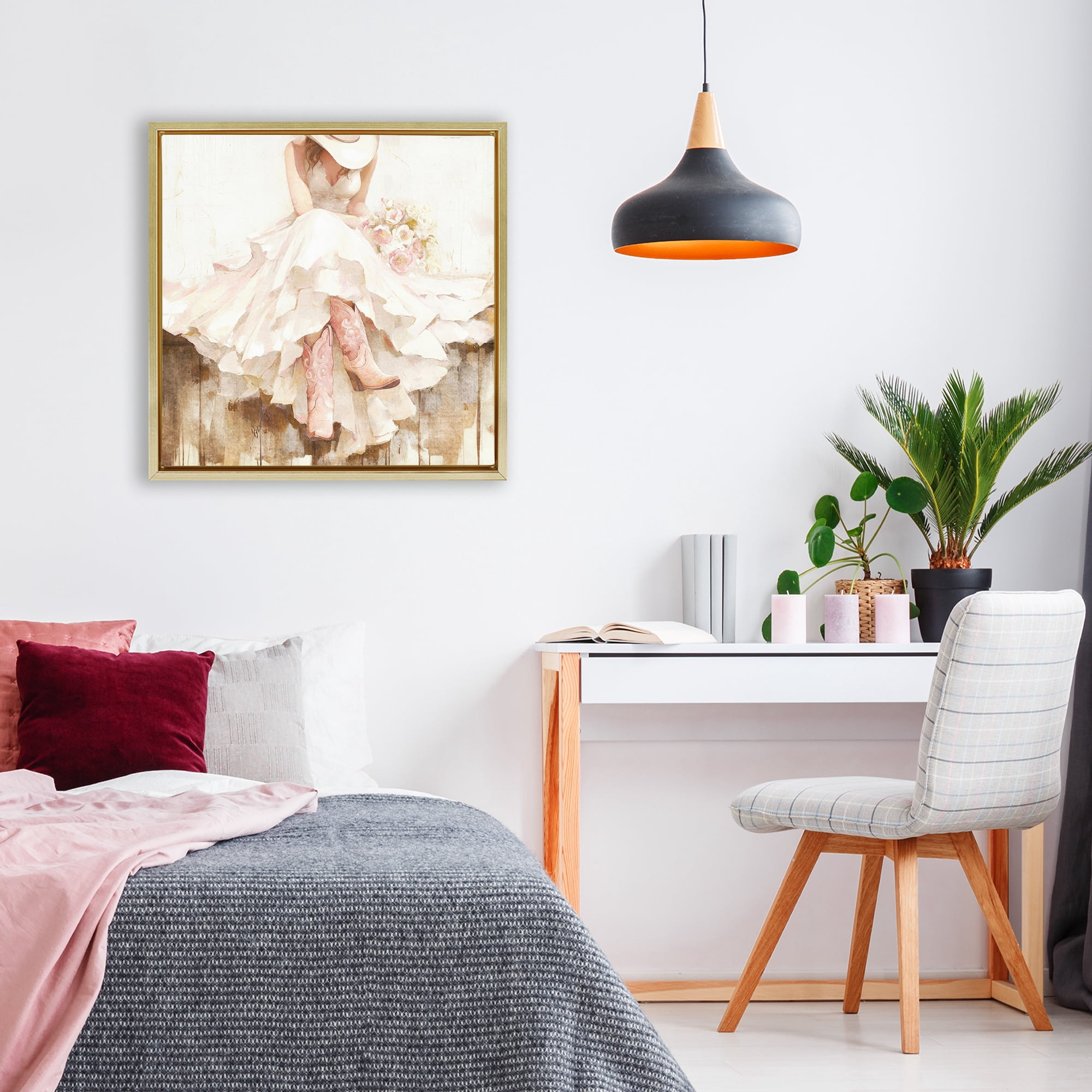 Stupell Industries Cowgirl On The Fence Gold Framed Floater Canvas Wall Art, design by Tina LeCour