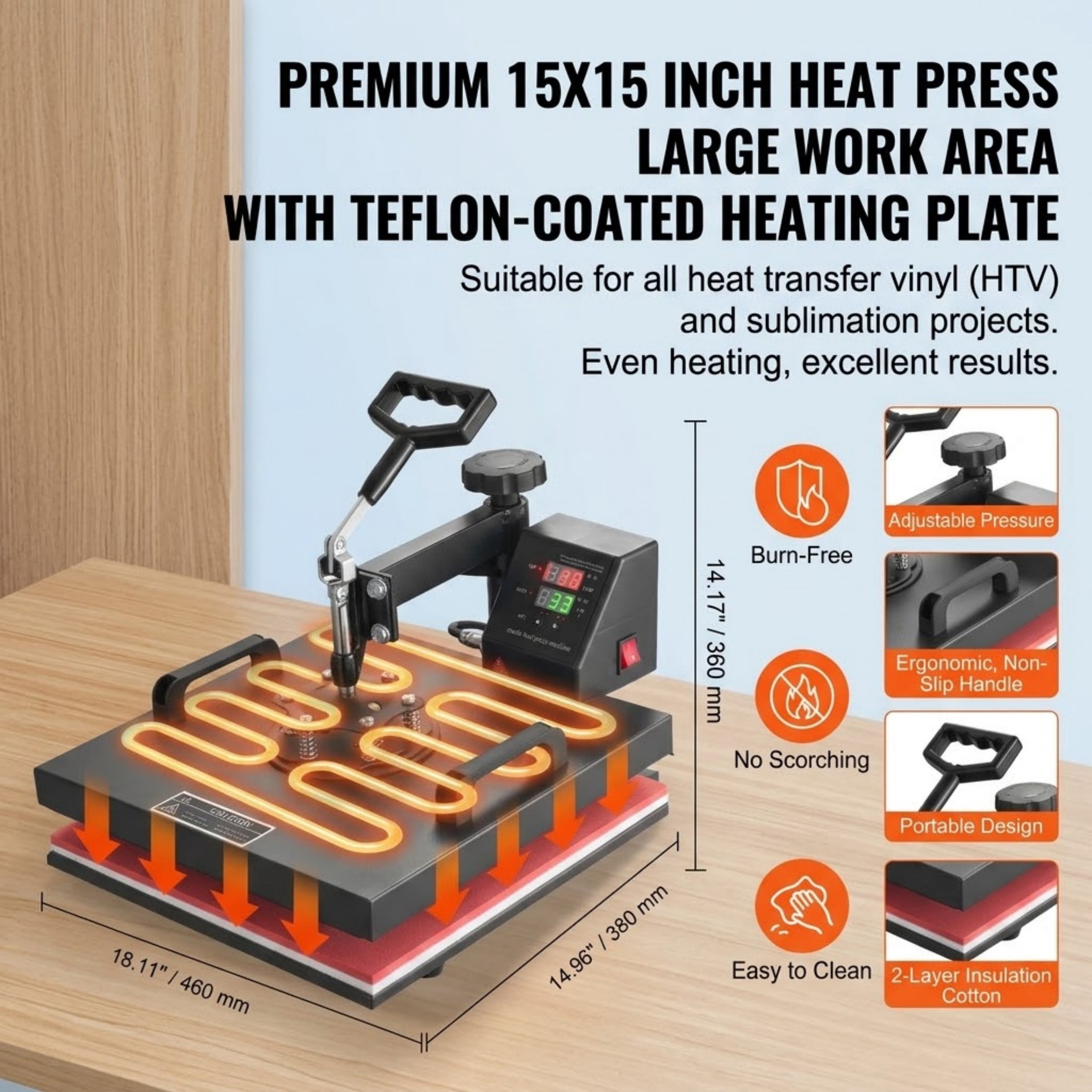 8 in 1 Heat Press Machine 15x15 Inch, Professional 360° Swing Away Sublimation Machine for T-Shirts, Mugs, Hats and Vinyl