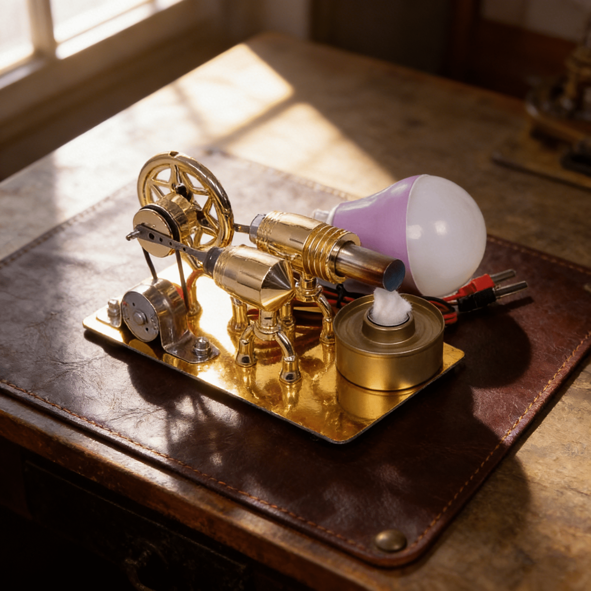 Working Stirling Engine Generator Model with Light Bulb, Heat Powered Hot Air Engine, Dual Cylinder Metal Mechanical Desktop Physics Demonstration Model & Display Gift (Light Color Random)