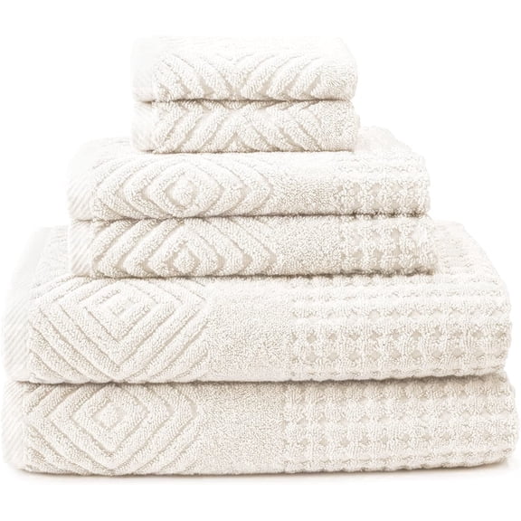 Texere 100% Organic Cotton Diamond Jacquard Luxury Bath Towel Sets, Cream (6 Piece)