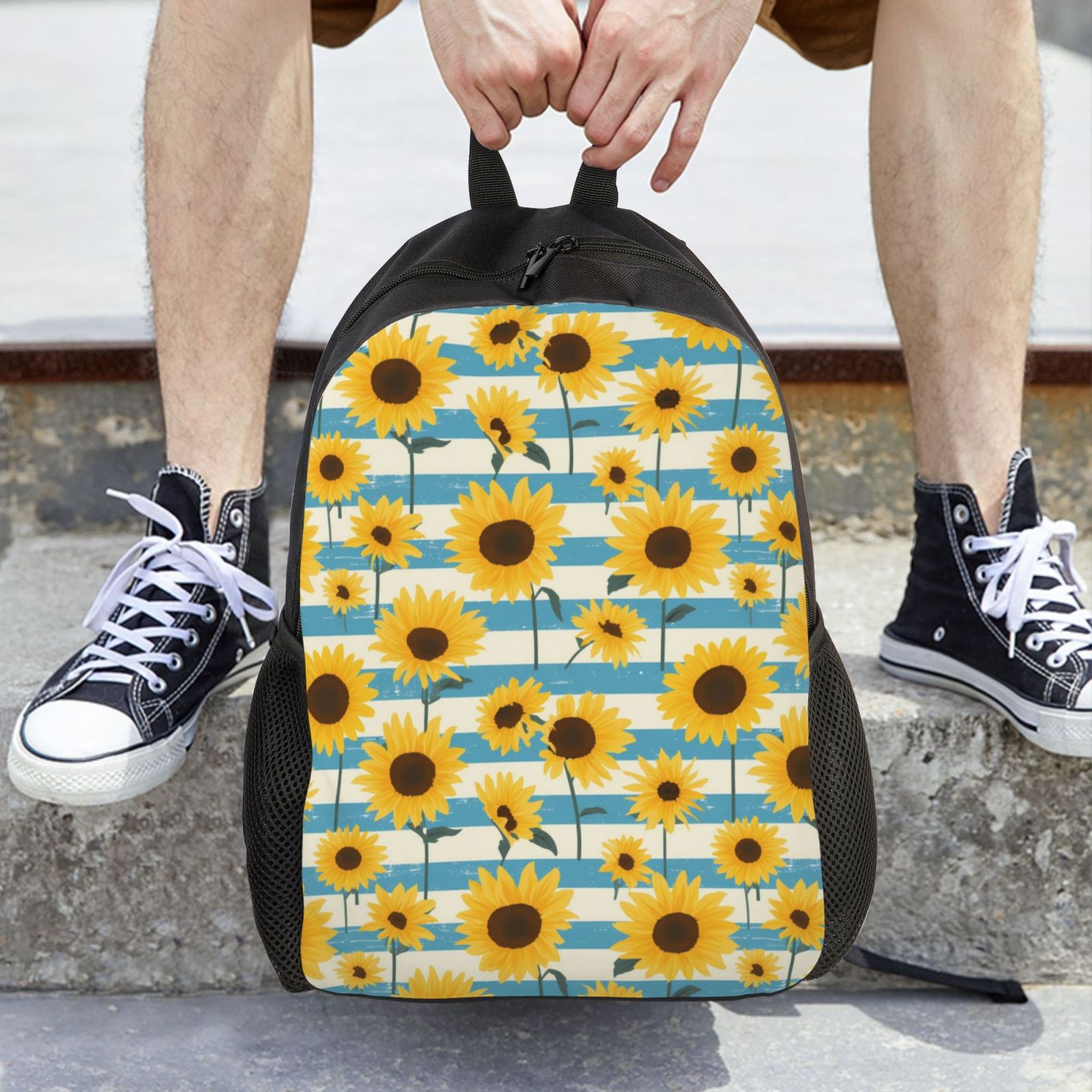 Xecao White Blue Striped Sunflower Print School Backpack with Laptop Compartment Small Travel Laptop Backpack for Women Men Waterproof College Backpack Simple School Bag