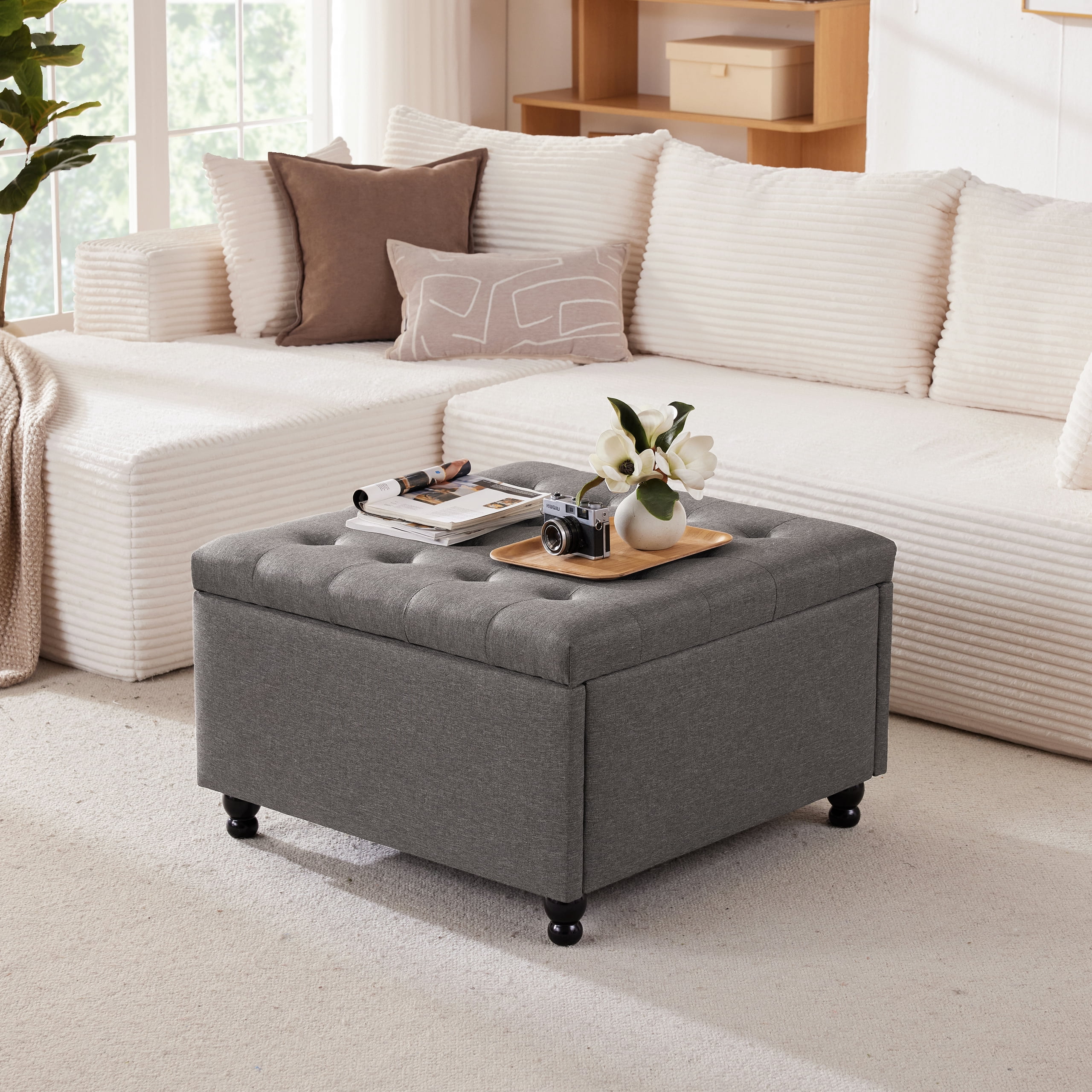 Weture 29.5-Inch Large Square Tufted Upholstered Storage Ottoman Coffee Table, Dark Grey