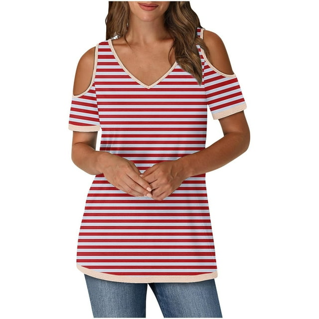Tops de Algodón para Mujeres Tira Impresa Manga Corta Cuello en V Fuera Del Hombro, Top de Moda para el Uso Diario