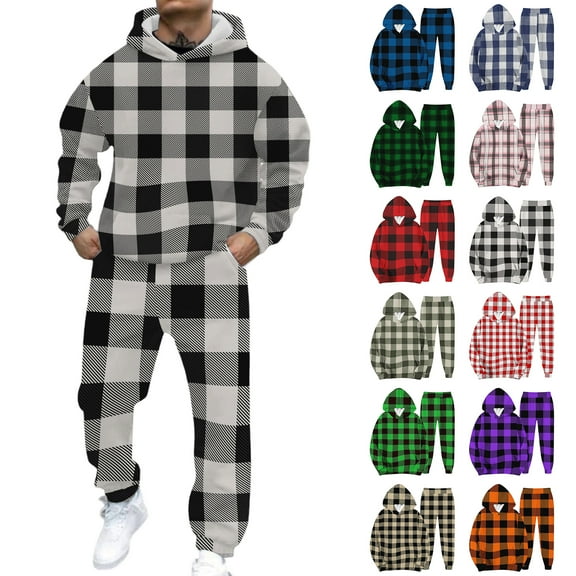 Hearthz Men's Sweatshirt Suit 2 Piece Outfit Plaid Fleece Hoodie Jogger Sweatpants Set Winter Big and Tall Sweatsuits