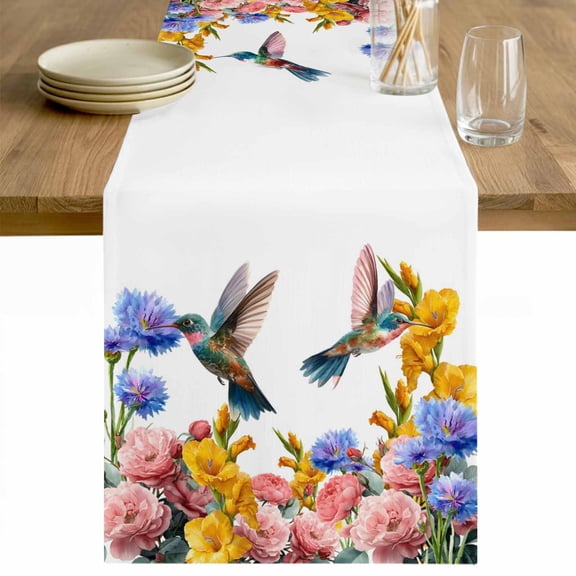 Hummingbirds Table Runner - 60 Inch Long Spring Summer Watercolor Flowers Plant Cotton and Linen Blended Dress Scarves Farmhouse Table Runner for Kitchen Dining, Coffee Table, 13" x 60"