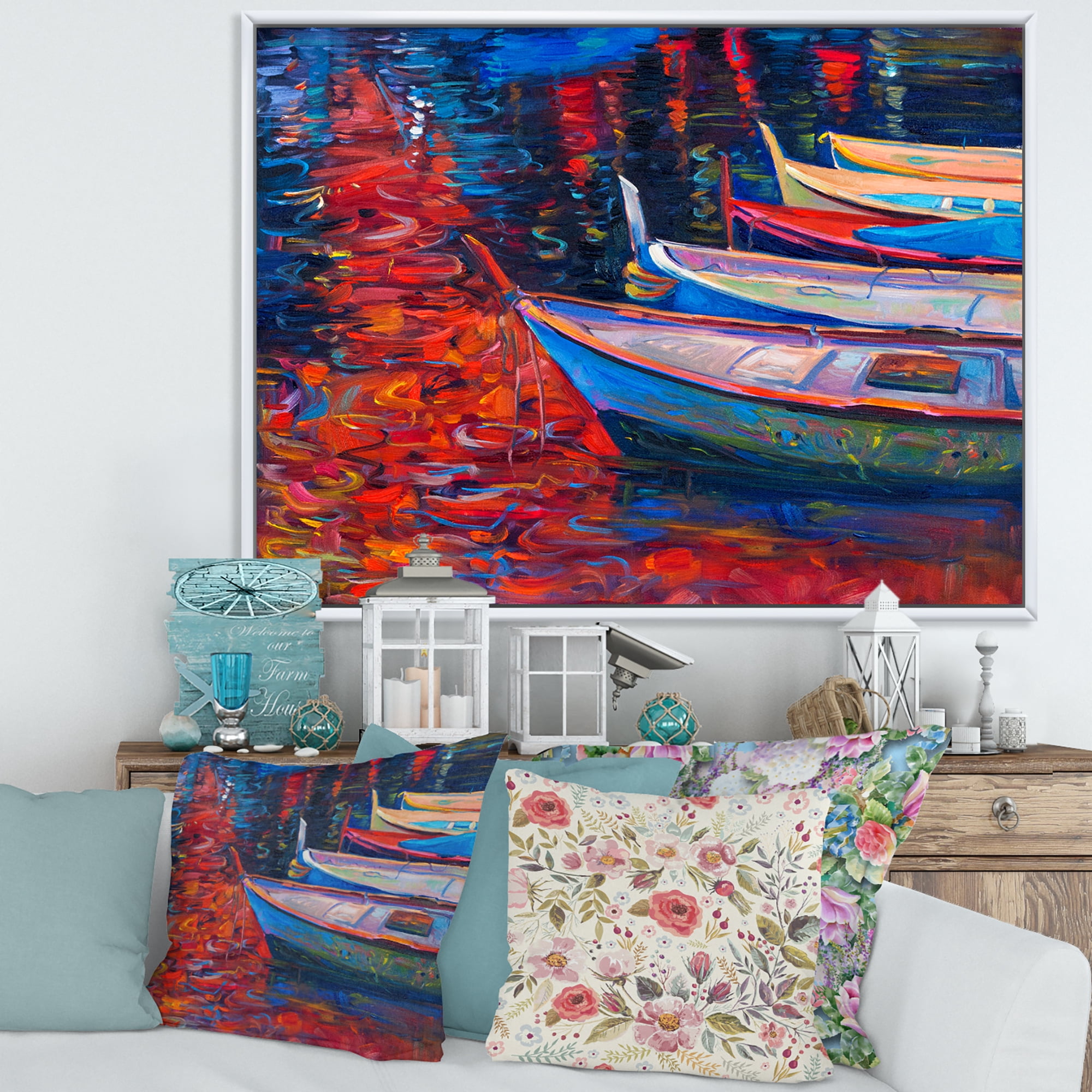 Designart 'Boats During Warm Sunset Resting On The Water IX' Nautical & Coastal Framed Canvas Wall Art Print