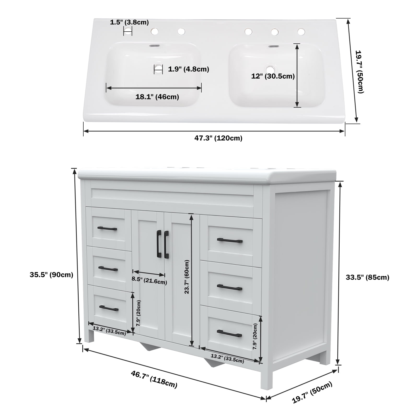 Jarbalai 47" Freestanding Bathroom Vanity with Twin Basin and Cabinet Storage and Drawers, White