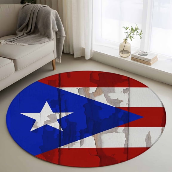 Puerto Rican Flag Round Area Rug 3 FT, Small Kitchen Bathroom Mat, Vintage Geometric Art Wooden Washable Indoor Outdoor Throw Runner Carpet Non-Shedding Doormat for Table Shower Sofa Entryway