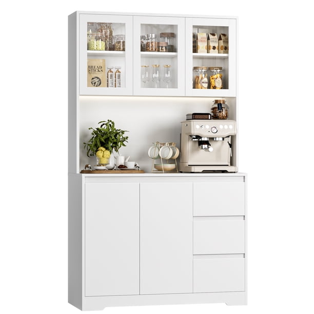 Homfa 70.9'' Kitchen Pantry Cabinet with Charging Station and LED Light, 3 Drawers Buffet Storage Cabinet with Glass Doors and Adjustable Shelves, White Homfa 70.9'' Kitchen Pantry Cabinet with Charging Station and LED Light, 3 Drawers Buffet Storage Cabinet with Glass Doors and Adjustable Shelves, White - Image 5