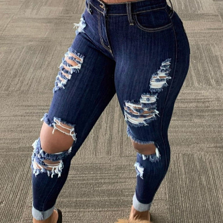 Bigersell Cute Distressed Jeans Full Length Pants Ladies Spring and Fall  Denim Wide Leg Pants Ripped Shrink Jeans Ladies Bootcut Pant 
