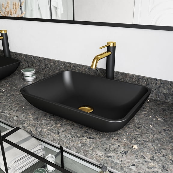 VIGO Matte Shell Sottile Glass Rectangular Vessel Bathroom Sink in Black with Lexington Faucet and Pop-Up Drain in Matte Gold