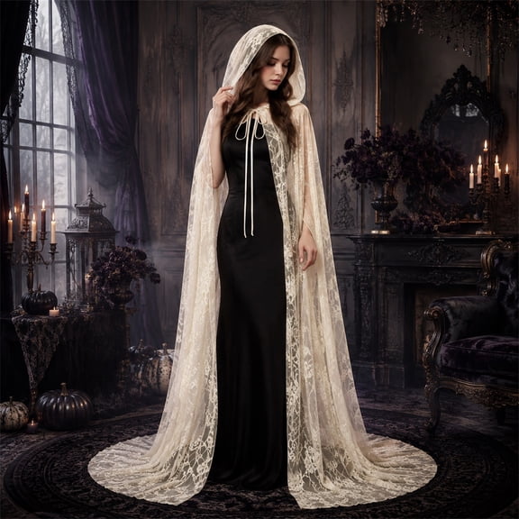 Gunia Hooded Cloak For Women Adult Lace Cape Cosplay Halloween Role Play Dress Up Outfits Stage Performance Holiday Party Wear,Beige