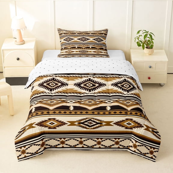 Homewish Aztec Geometric Rhombus Twin Comforter Sets,Vintage Brown Boho Bedding Set,Reversible,2 Pieces,1 Comforter and 1 Pillowcase