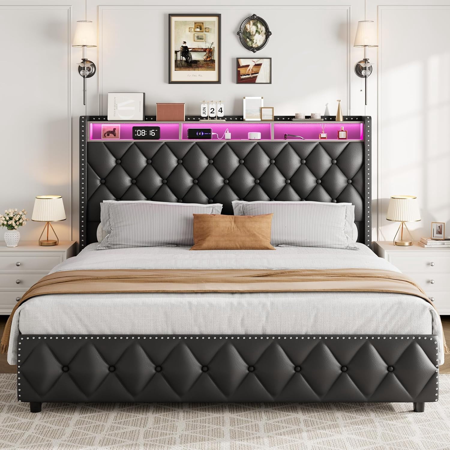 Queen Upholstered Bed Frame with Storage – 50.8" Tall PU Leather Headboard, 4 Drawers, USB Charging Station & RGB LED Lights – No Box Spring Required (Black)