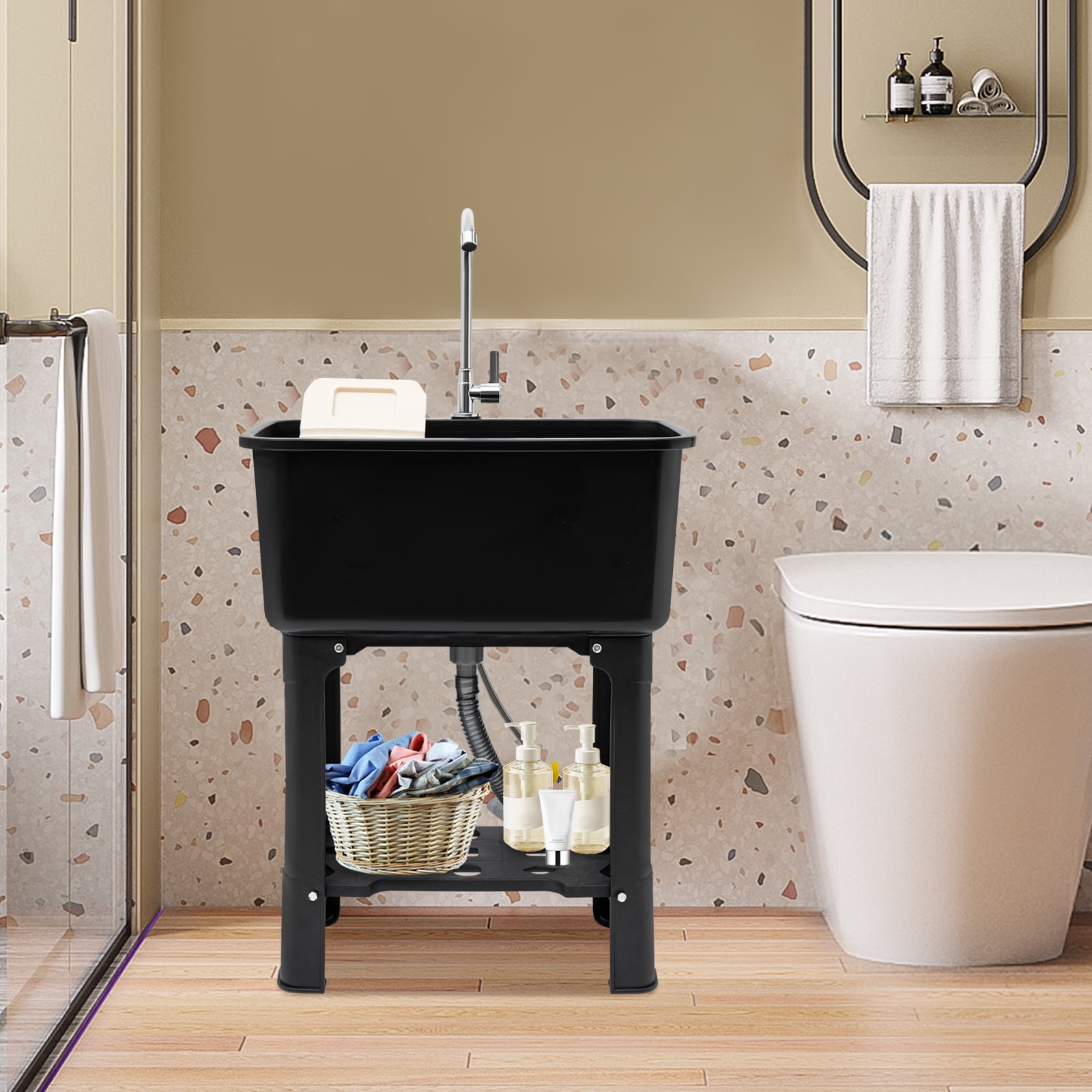 Plastic Utility Sink, Freestanding Utility Sink with Faucet, 360° Rotatable Faucet Laundry Sink, Heavy Duty Plastic Laundry Tub for Restaurants, Shop, Workshop, Basement