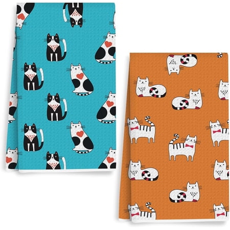 KKFEN-2Pcs Cute Cats Waffle Kitchen Towel Quick Dry Microfiber Sustainable Cat Dish Towels for Kitchen Home Decor Reusable Cleaning Lightweight Hand Towels Housewarming Gifts for Women 24x14 in