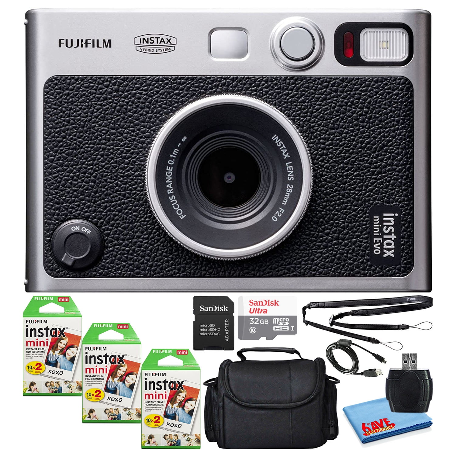 Fujifilm Instax Mini EVO Hybrid Instant Film Camera (16745183) Bundle with 60 Instant Film Sheets + 32GB microSD Card + Padded + SD Card Reader MicroFiber Cleaning Cloth - Walmart.com