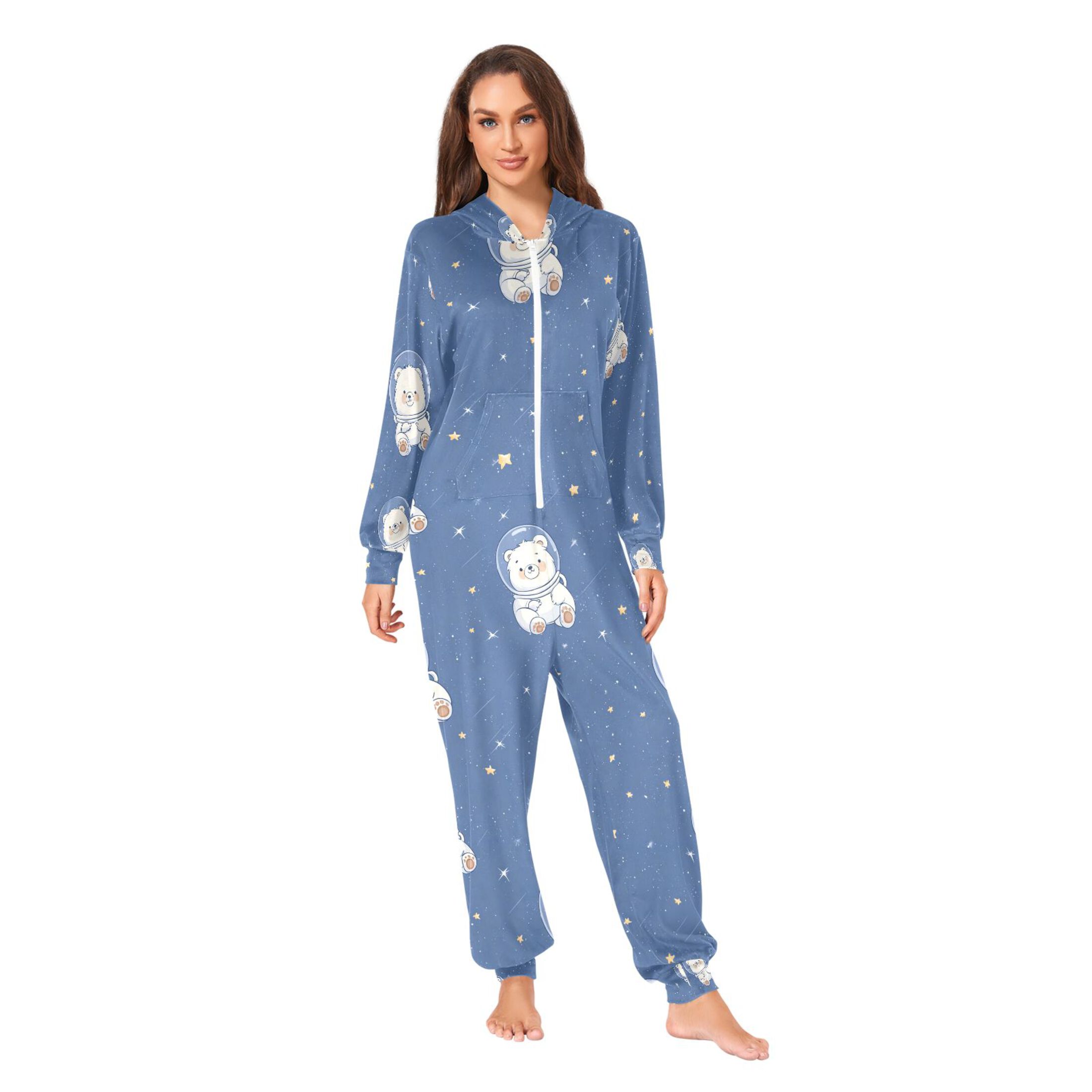 Adult Christmas Onesie Cute Bear Astronaut Adult Zipper One-Piece Pajamas Unisex Pajamas with Pockets