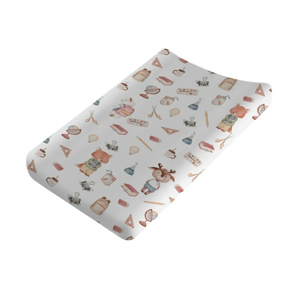 Baby Cartoon School Animals Changing Pad Cover Fox Deer Book Pencil Diaper Changing Table Sheets for Boy Girl Back to School Breathable Stretchy Nursery Changing Table Mats 16''x32''
