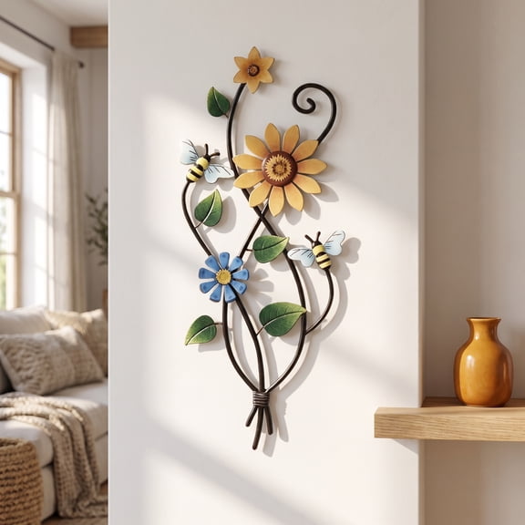 Metal Sunflower Wall Decor with Bee 3D Colorful Outdoor Wall Art Fence Decorations for Patio Metal Flowers Wall Hanging Ornament for Garden Porch Living Room Balcony Farmhouse