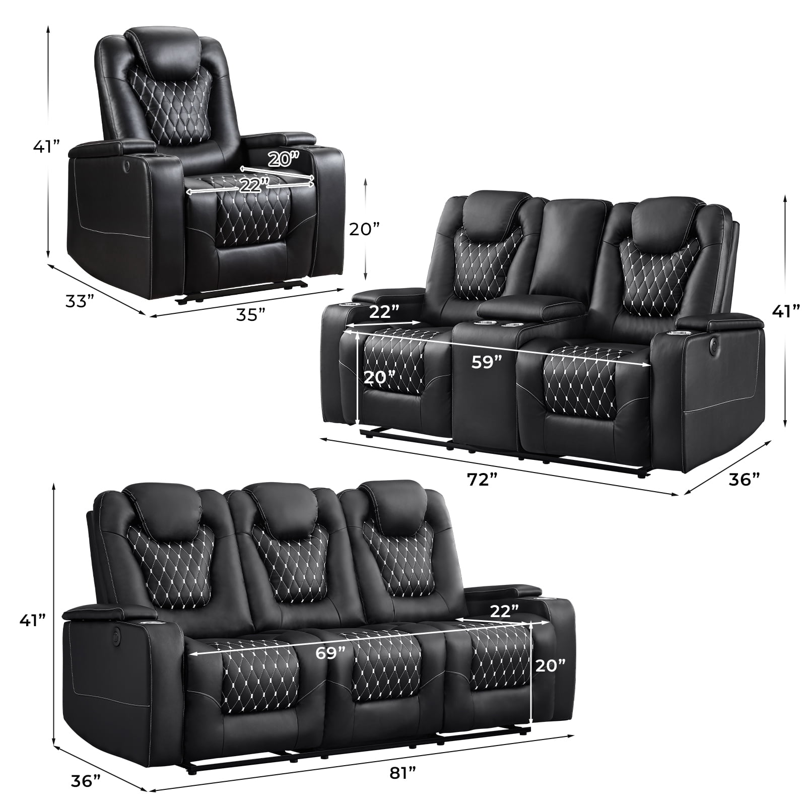 Bonzy Home Electric Power Recliner Chairs Sofa Set Theater Seating with Console Living Room Furniture Set, Cup Holders, Hidden Arm Storage, USB Ports Black