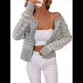 thumbnail image 1 of Blazer de A Cuadros para Mujer, Elegante, Informal, con Botones Al Frente, Cuello Redondo, Larga, Tejido Texturizado Gris M, 1 of 9