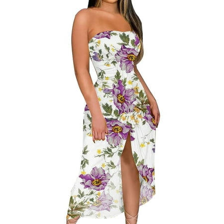 B91xZ formal Dresses for Women Women s Printed Off The Shoulder One Line Neck Irregular Casual Skirt Bag Dress MIDI Plus Size Summer Dresses White S