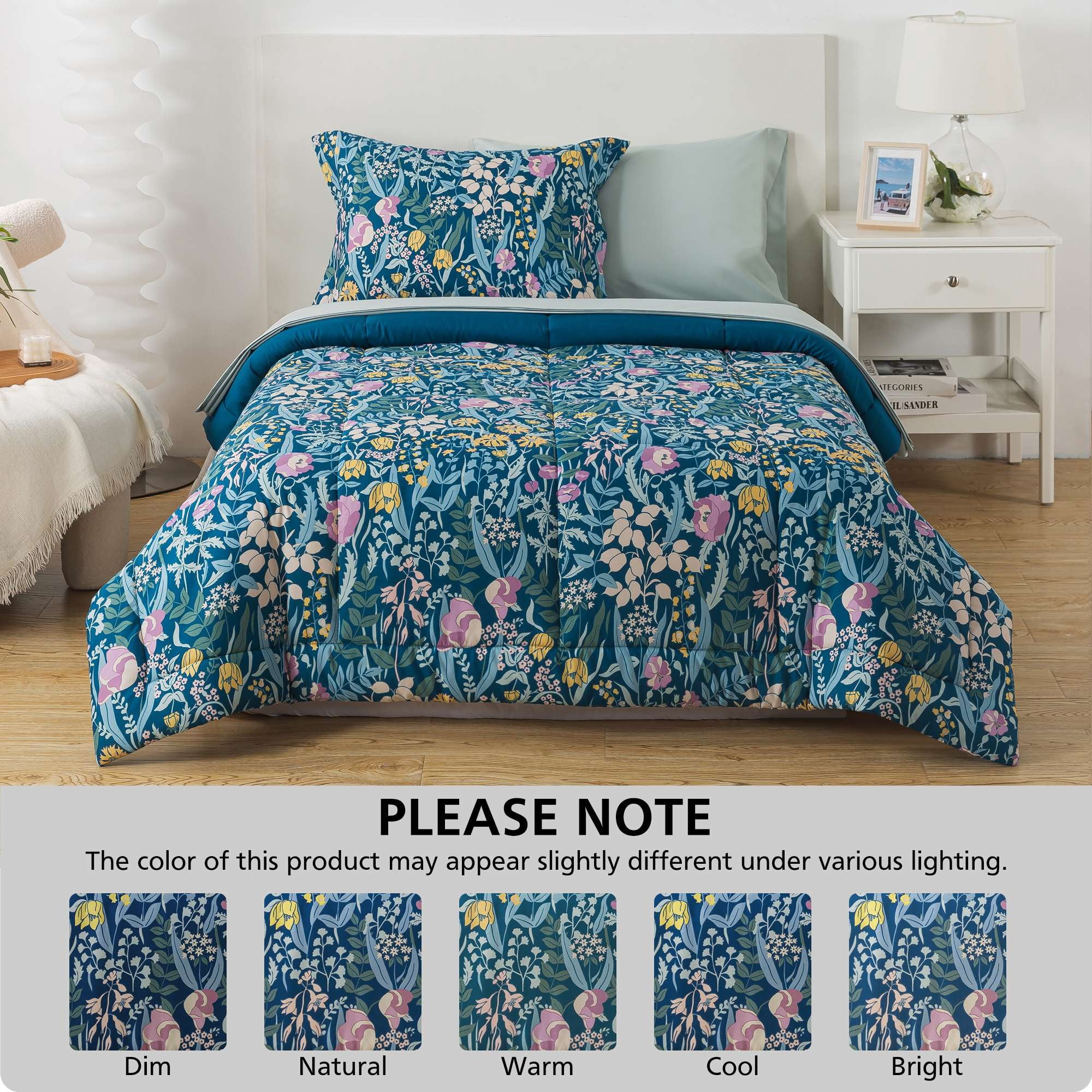 Mainstays All in One Reversible Comforter and Sheet Set, 5-Piece, Twin, Blue Floral