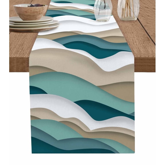Ldtrchee Turquoise Brown Ombre Table Runner 36 Inches, Modern Geometric Moire Abstract Art Bed Runner Dresser Scarves Tabletop for Indoor Outdoor Parties/Ceremony/Banquet, 13"x 36"