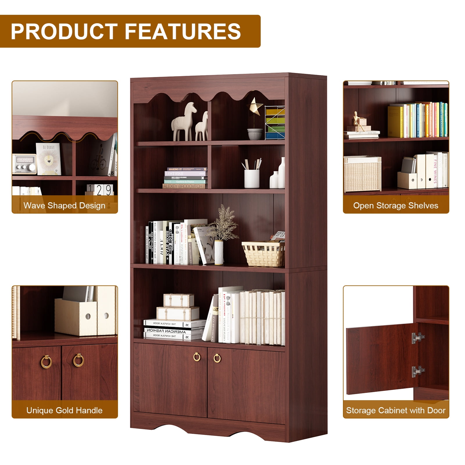 HOBLOC 5 Tier Bookshelf Bookcase with Cabinet Doors, 63 in Tall Wooden Bookshelves, Display Storage Shelves, Floor Standing Book Shelf Furniture for Home Office, Living Room, Bedroom, Brown