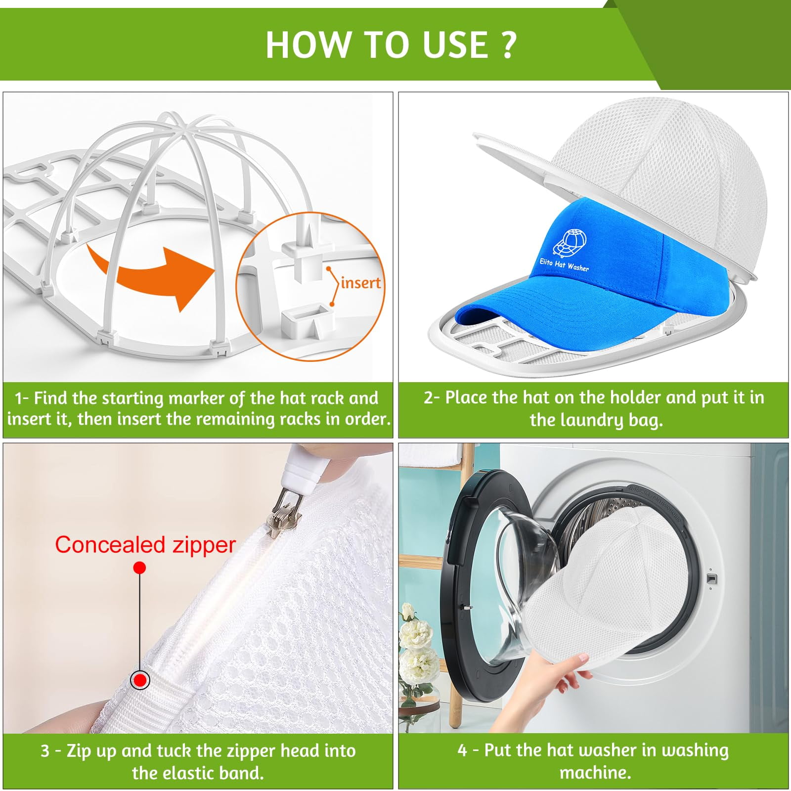 Portable Hat Washer Cage 2-Pack - Baseball Cap Cleaning Kit for Washing Machine, Hat Shaper & Protector with Mesh Bags