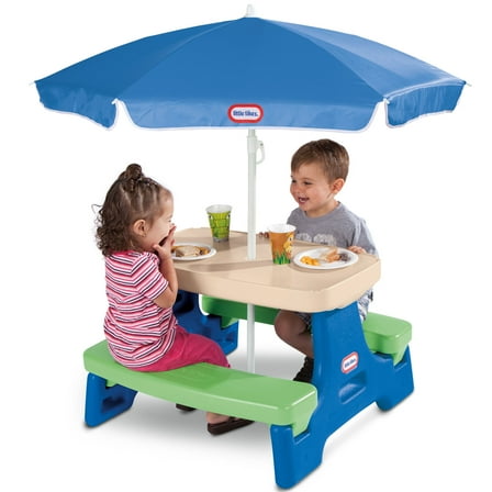 Little Tikes Outdoor Portable Kids Picnic Table with Umbrella, Blue Green, Ages 2 