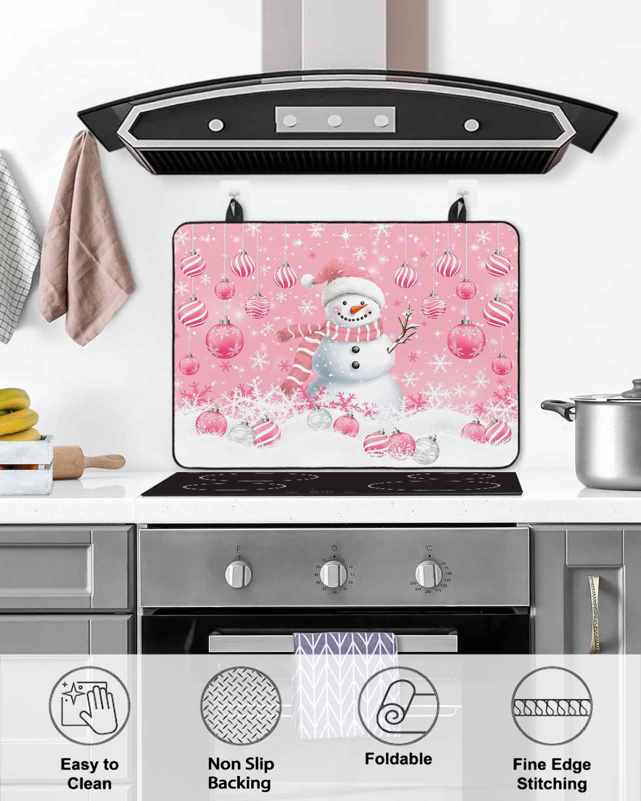 Large Induction Cooktop Protector Mat Pink Snowman Christmas Stove Top Covers for Electric Stove, Xmas Balls Snowflake Decorative Stove Burner Cover Mats, Glass Top Stove Cover
