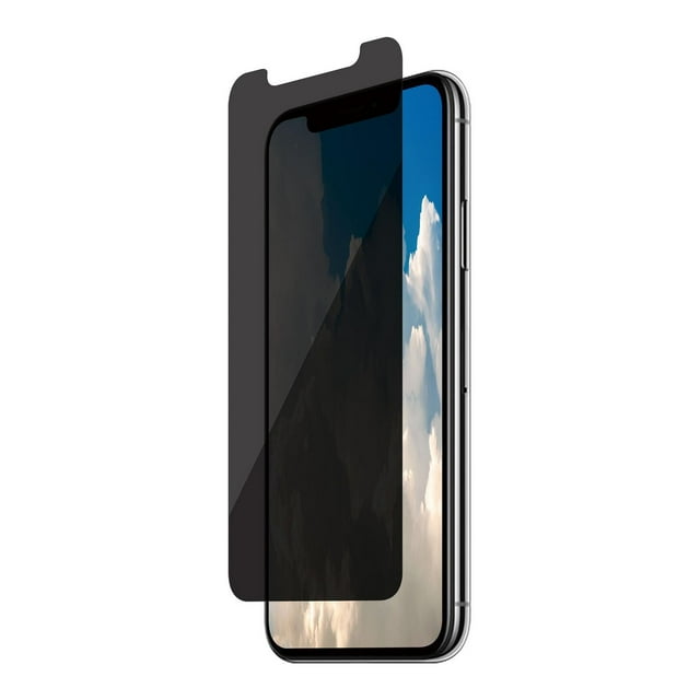blackweb Accessory Glass 2 by Corning Privacy Film iPhone X/XS/11 Pro screen protector shown partially over a silver iPhone with a cloud wallpaper, featuring 180° privacy protection, 9H hardness, 0.4 mm thickness, and precision-cut beveled edges for chip resistance.