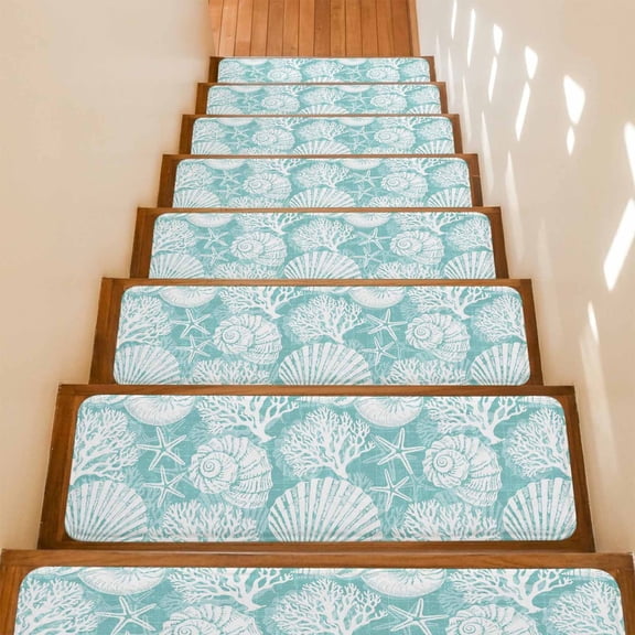 Teal Green Starfish Coastal Stair Treads Non Slip for Steps Summer Coral Shell Beach Nautical 4 Pcs Reusable Adhesive Stair Runner Mats for Dogs Elders Carpet Treads Rugs for Staircase 8x30 In