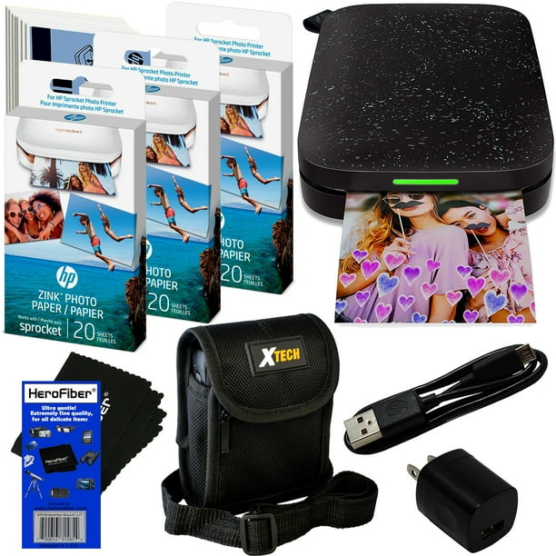 package Entrance reservoir HP Sprocket Portable Photo Printer (2nd Edition) for iPhone or Android  [Black Noir] + Photo Paper (70 Pack) + Protective Case + USB Cable w/Wall  Adapter + HeroFiber Cloth - Walmart.com