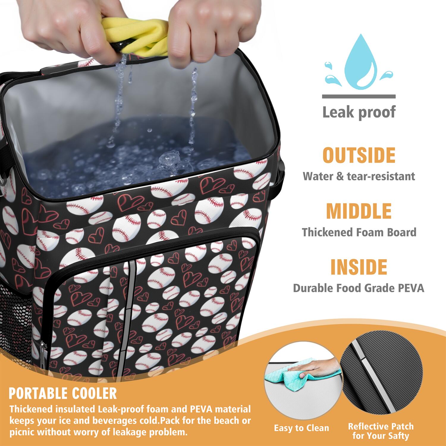 Travel Cooler Bag - Black Baseballs and Hearts Pattern Camping Beer Cooler Backpack with Bottle Opener- Waterproof Insulated Picnic Backpacks - Cooler Bag for Beach