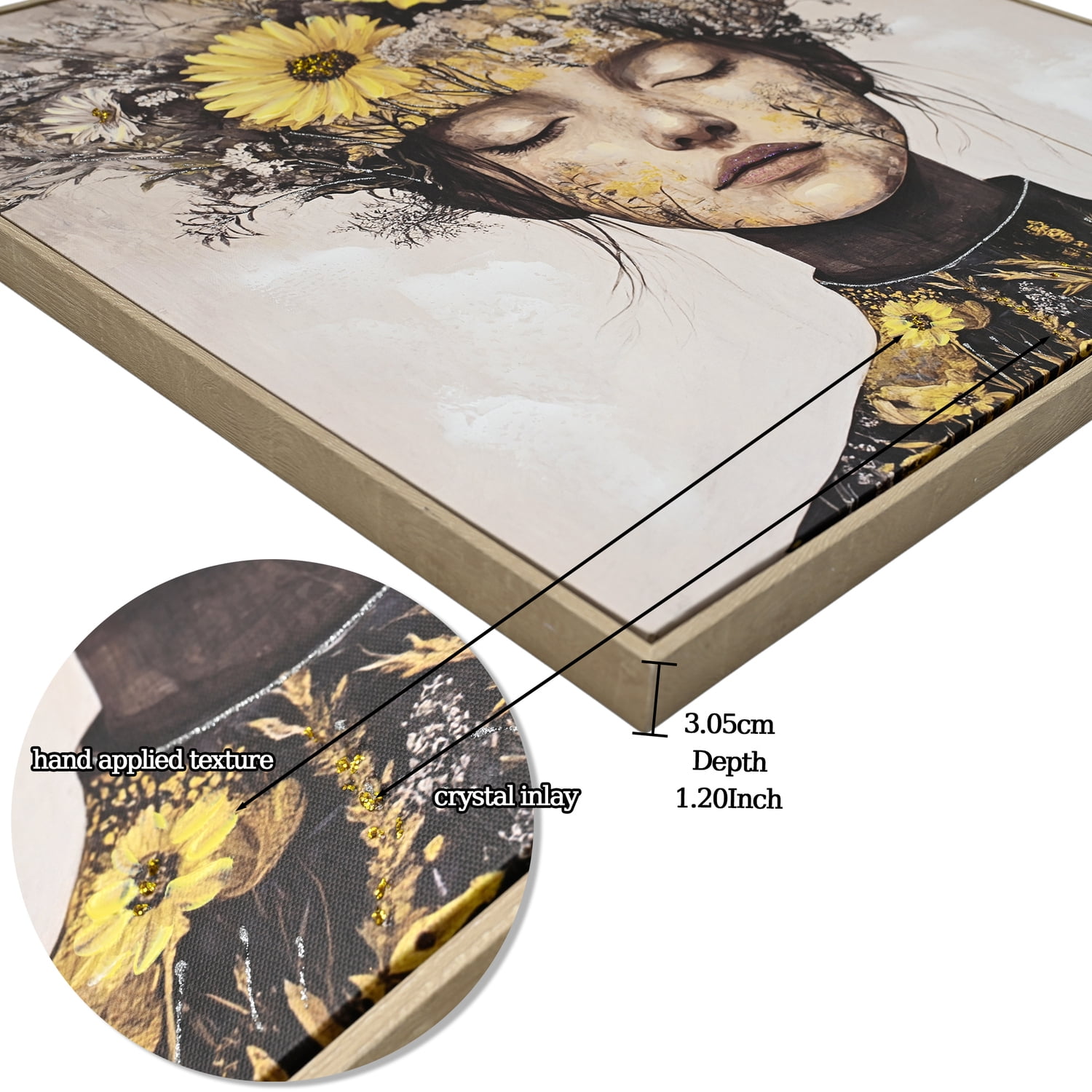 MOONMISS 24x24 Beauty Lady Gold White Floral Canvas Print Modern Wall Art Living Room Bedroom Decor