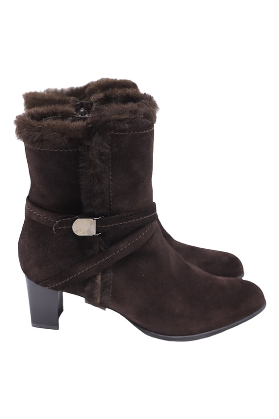 Pre-Owned Stuart Weitzman Fur-Lined Block-Heel Ankle Boots in Brown Suede