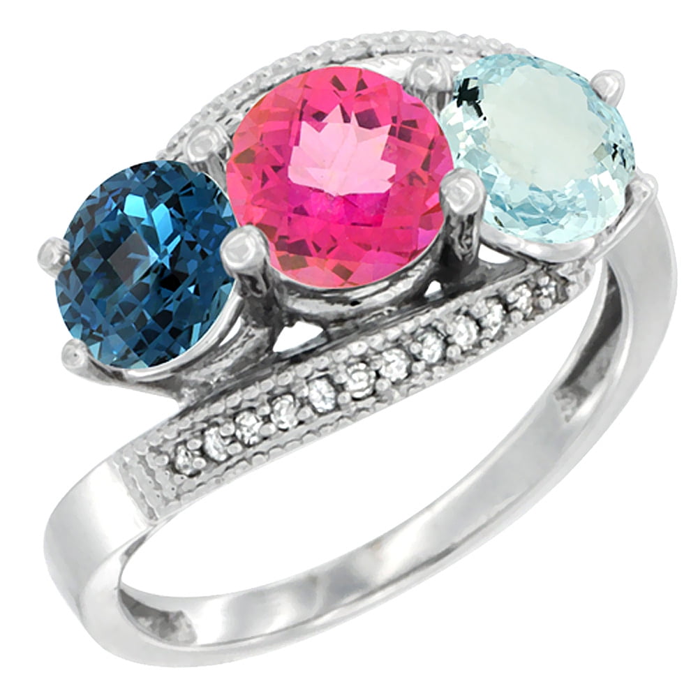 10K White Gold Natural London Blue Topaz, Pink Topaz & Aquamarine 3 stone Ring Round 6mm Diamond Accent, sizes 5 10 by WorldJewels