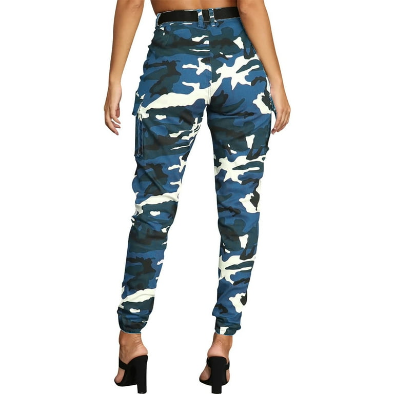 VSSSJ Women s High Waist Jogger Cargo Pants Plus Size Camouflage Print Straight Assault Pants with Pockets Casual Outdoor Hiking Trousers Blue L