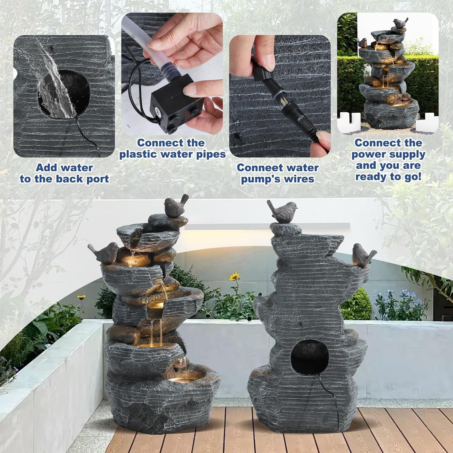 5-Tiers Cascading Rock Outdoor Water Fountain, Garden Freestanding Birds Waterfall Fountains Outdoor with LED Lights Birds Decor, Stacked Stone Outdoor Fountains for Garden Patio Porch, 26" H