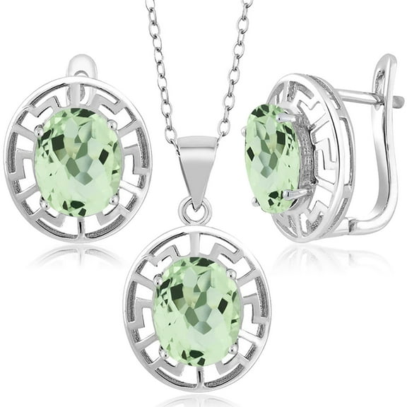 Gem Stone King 925 Sterling Silver Green Prasiolite Pendant and Earrings Jewelry Set for Women | 6.30 Cttw | Gemstone Birthstone | Oval 10X8MM | With 18 inch Chain
