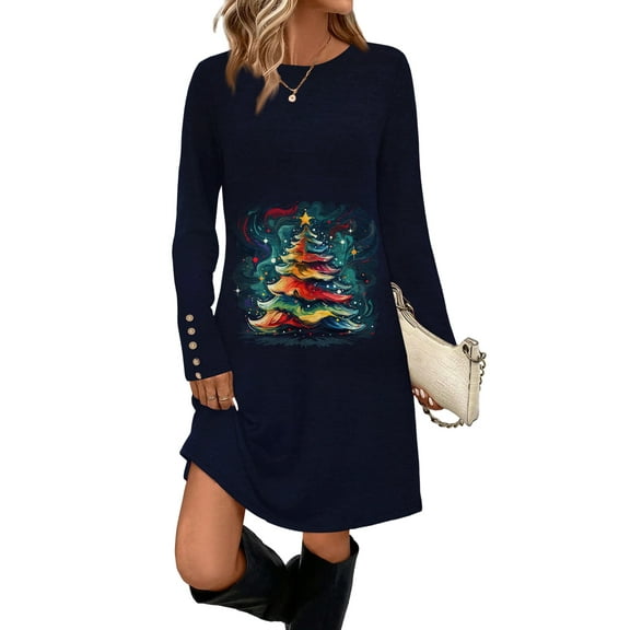 Women's Fashion Casual Dress with Pockets, Decorative Buttons, Christmas Prints, Round Neck and Long Sleeves for Practical Holiday Wear,Dark Blue,2XL