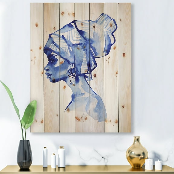 Designart 'Afro American Woman Blue Fashion Portrait' Modern Print on Natural Pine Wood